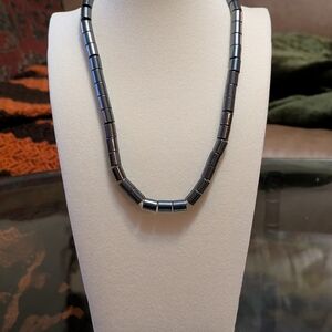 Vintage Handmade Gray Hematite Cylinder Beaded Necklace with Gold Tone Clasp